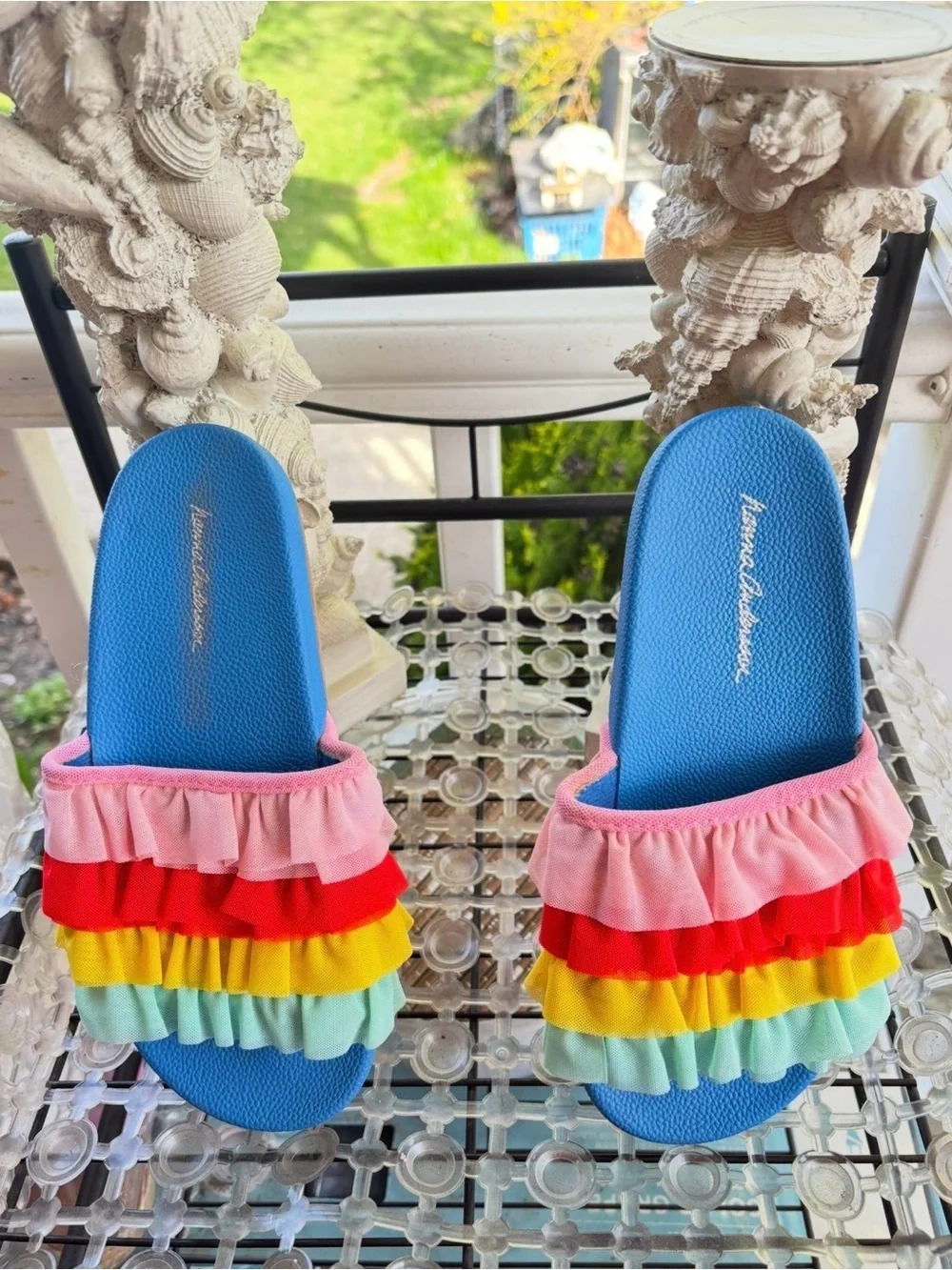 Hanna Andersson Blue Slide Sandals with Rainbow Ruffle Straps